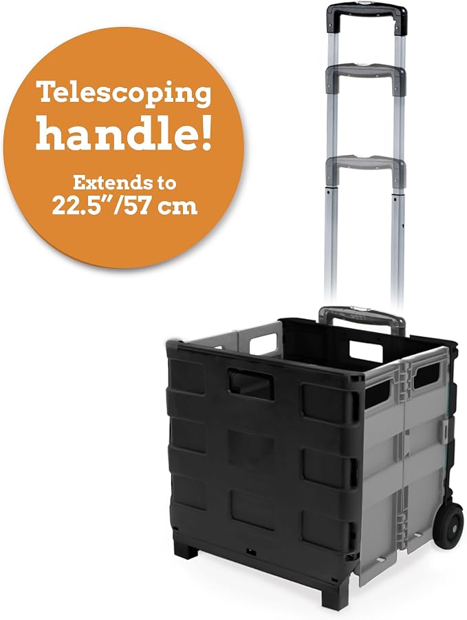 Inspired Living Ultra-Slim Rolling Collapsible Storage Pack-N-Roll Utility-carts, with Telescopic Handle, for Home, Garden, Shopping, Office, School use, Large, Grey & Black - Image 4