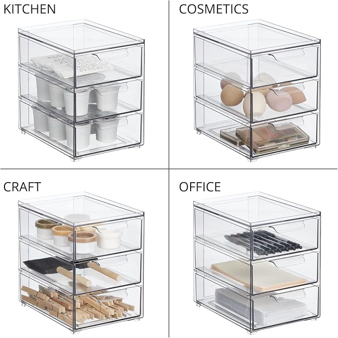 mDesign Plastic Stackable 3-Drawer Kitchen Storage Organizer - Bin with Divided Pull-Out Drawers for Pantry, Shelf, Fridge/Refrigerator, and Freezer Organization - Lumiere Collection - Clear - Image 6