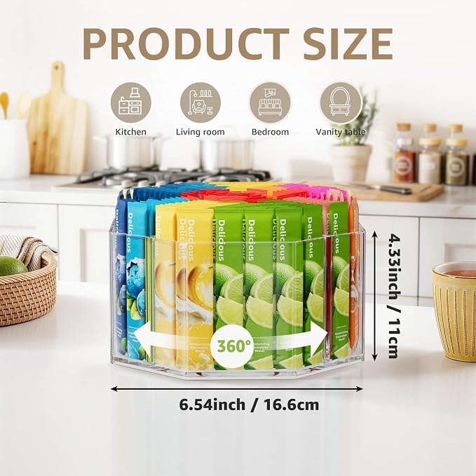 Divided Drink Packet Organizer, Octagonal 5 Compartment Clear Lazy Susan | Lazy Susan Turntable, Rotating Storage Organizer for Powdered Drink Mix, Water Flavor Packets, Coffee, Tea, Spices - Image 2