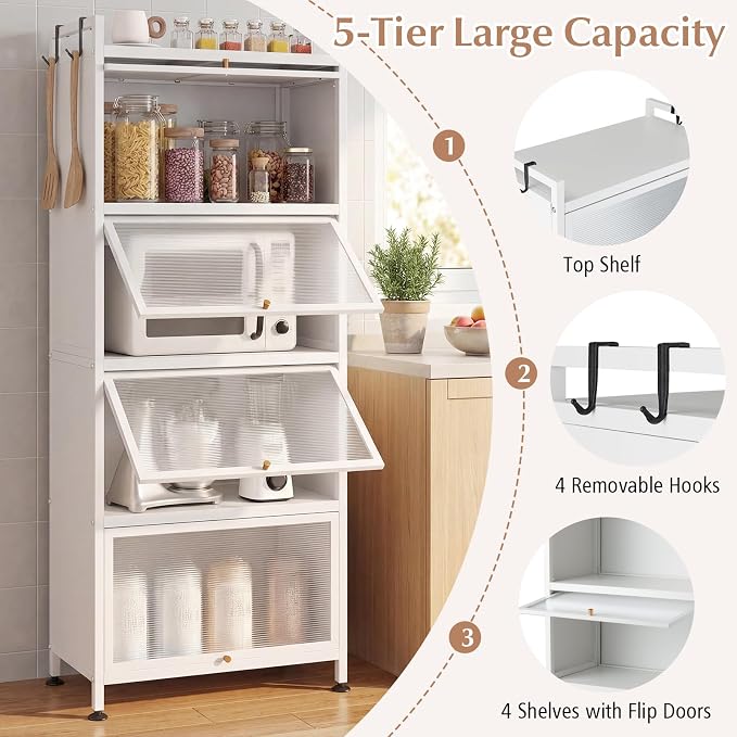 GIANTEX 5-Tier Kitchen Storage Cabinet, 4 PC Doors, Rolling Wheels, White | Mobile Metal Pantry Cabinet with 4 Hooks & Adjustable Feet, 60" Baker's Rack Microwave Stand for Dining & Living Room - Image 6