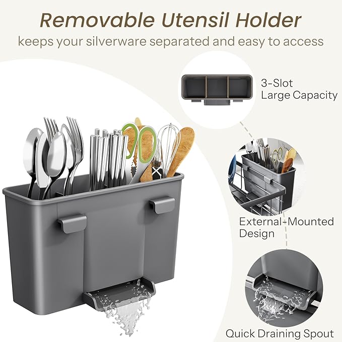 SNTD Dish Drying Rack for Small Kitchen Counter, 11" W x 15" L, Grey | Space Saving, Rotating Spout & Angled Drainboard for Quick Drainage, Stainless Steel, Removable Utensil Holder - Image 7