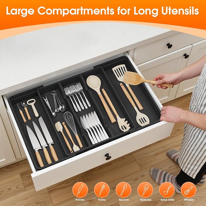 Large Expandable Silverware Drawer Organizer, Utensil Tray | Kitchen Drawer Organizer for Spoons/Forks/Knives, Multipurpose & BPA Free Cutlery Tray(2 Pack, Black) - Image 3