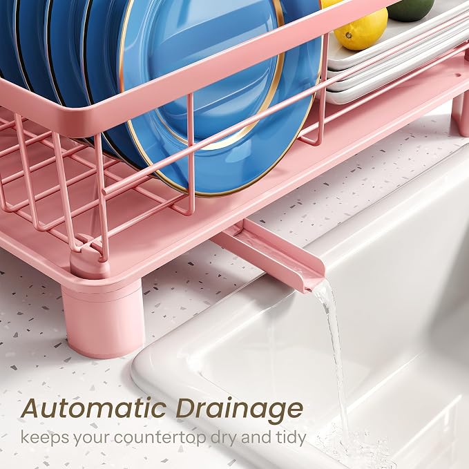 SNTD Dish Drying Rack for Small Kitchen Counter, 11" W x 15" L, Pink | Space Saving, Rotating Spout & Angled Drainboard for Quick Drainage, Stainless Steel, Removable Utensil Holder - Image 4