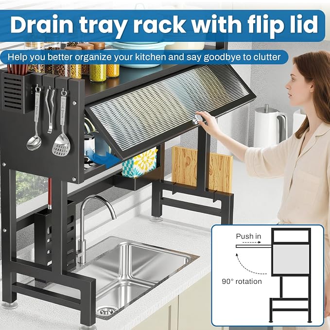 Over the Sink Dish Drying Rack – 3 Tier with Cover, Space-Saving Dish Drainer Organizer for Dishes, Glasses, Bowls & Cutlery, Tidy Kitchen Counter Storage Solution - Image 3