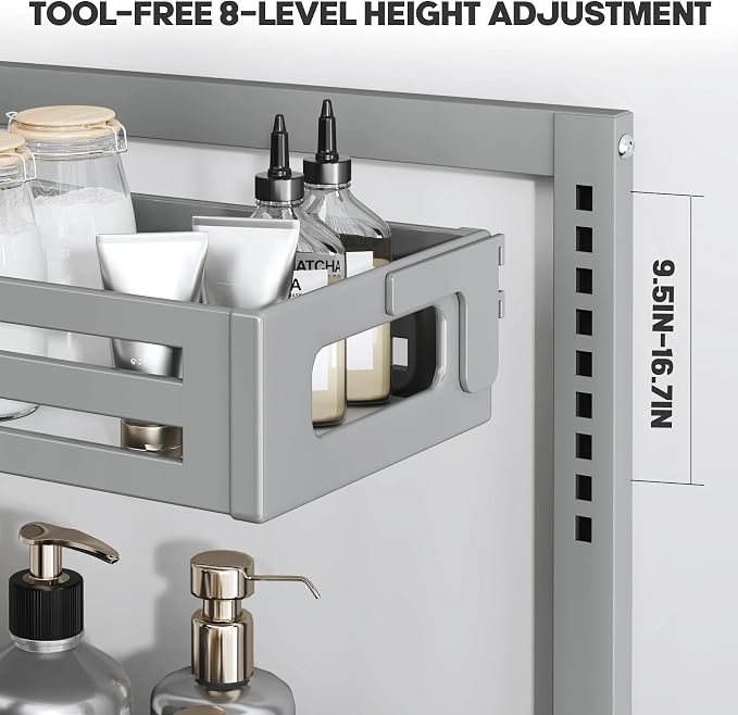 2 Pack 19IN-Depth Under Sink Organizer,Pull Out Cabinet Organizer With Smooth Cylindrical Rail,Metal Slide Out Drawer for Kitchen Bathroom Laundry,8-Level Tool Free Height Adjustable-Gun Gray - Image 4