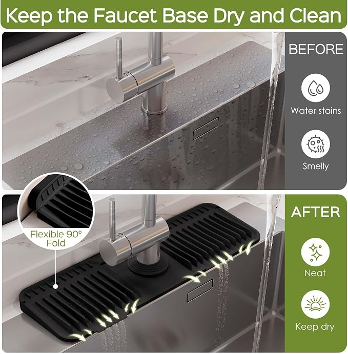 18 Inch Silicone Faucet Mat for Kitchen Sink Splash Guard – 2025 Upgraded Draining Mat with Water Tray Behind Faucet – Countertop Protectors to Catch Spills (Black, 17.7" x 5.5") - Image 3