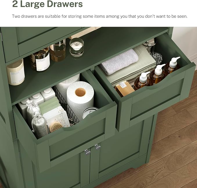 Iwell 58" H Tall Bathroom Storage Cabinet with 2 Drawers & 2 Adjustable Shelves, Bathroom Cabinet with 4 Doors, Tall Cabinet for Living Room, Dining Room, Entryway, Forest Green - Image 8