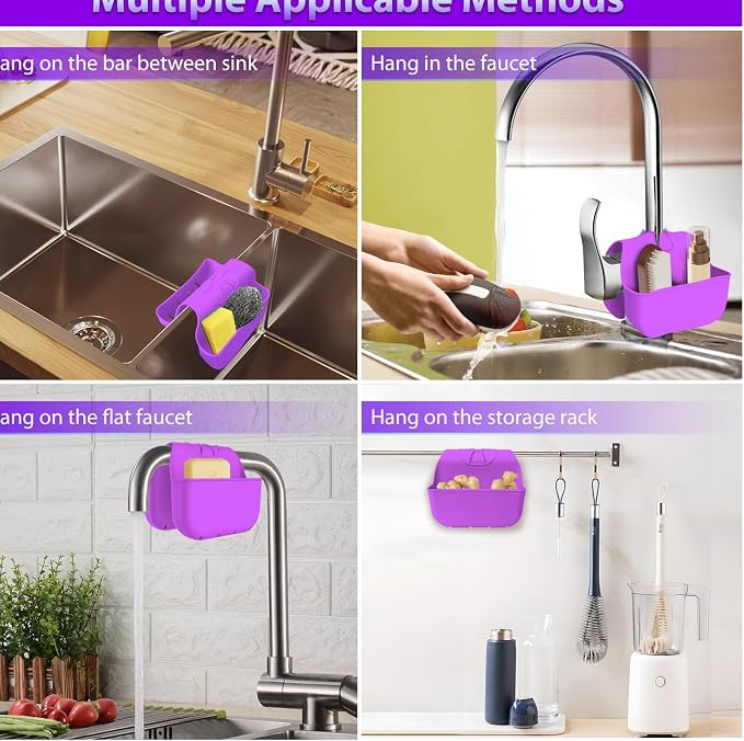 Sponge Holder for Kitchen Sink, Silicone Sink Saddle Caddy Organizer Rack, Sponges Holder Over Faucet, Hanging Kitchen Organizer Accessories Rack Basket - Purple - Image 5