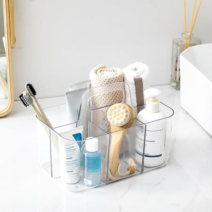 Multiuse Caddy Organizer with Handle, Portable Divided Plastic Tote Bin - Art Craft, Stationary Pen Marker Crayons, Makeup Hair Supplies Storage - Bathroom, Classroom, Dorm, Office, Desk Holder -Clear - Image 3