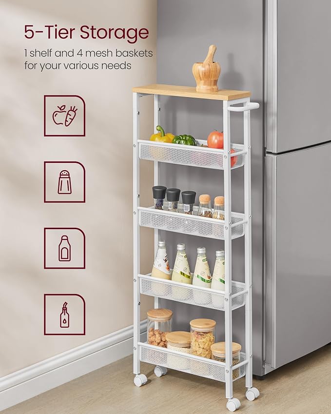 VASAGLE Slim Rolling Cart, 5-Tier Storage Cart, Narrow Cart with Handle, 5.1 Inches Deep, Metal Frame, for Kitchen, Dining Room, Living Room, Home Office, Oak Beige and Classic White ULRC034W09 - Image 4