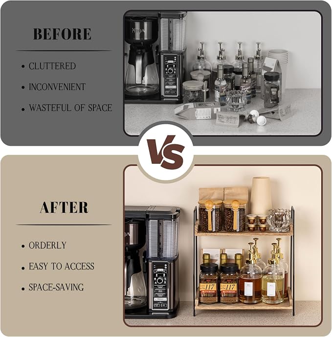 ANBOXIT Countertop Coffee Station Organizer, 2 Tier Wooden Shelf for Coffee Bar Accessories, Condiment Storage Caddy for Kitchen, Home, Office - Brown (Pack of 2) - Image 4