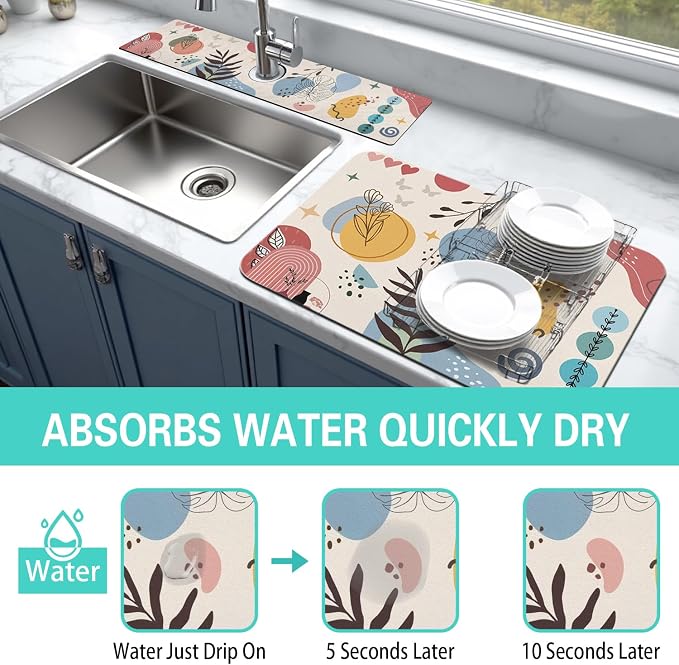 Dish Drying Mat for Kitchen Counter Matt, 2PCS 23"x15" Dish Drainer Mat & 24"x5.5" Sink Splash Guard, Super Absorbent Non-slip Rubber Backed - Image 3