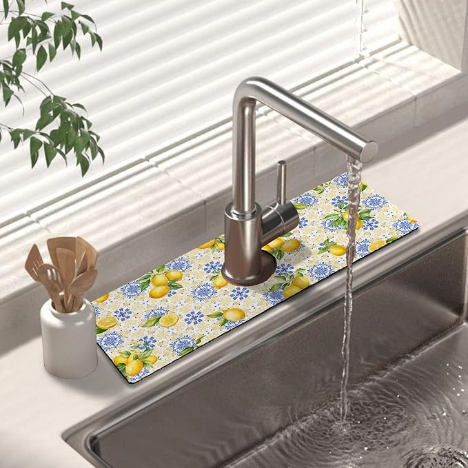 Kitchen Sink Splash Guard Faucet Mat 15" X 5.5" Lemon Absorbent Fast Drying Mat Faucet Draining Mat Sink Splash Guard Behind Faucet Drip Catcher for Kitchen Bathroom by Unknown