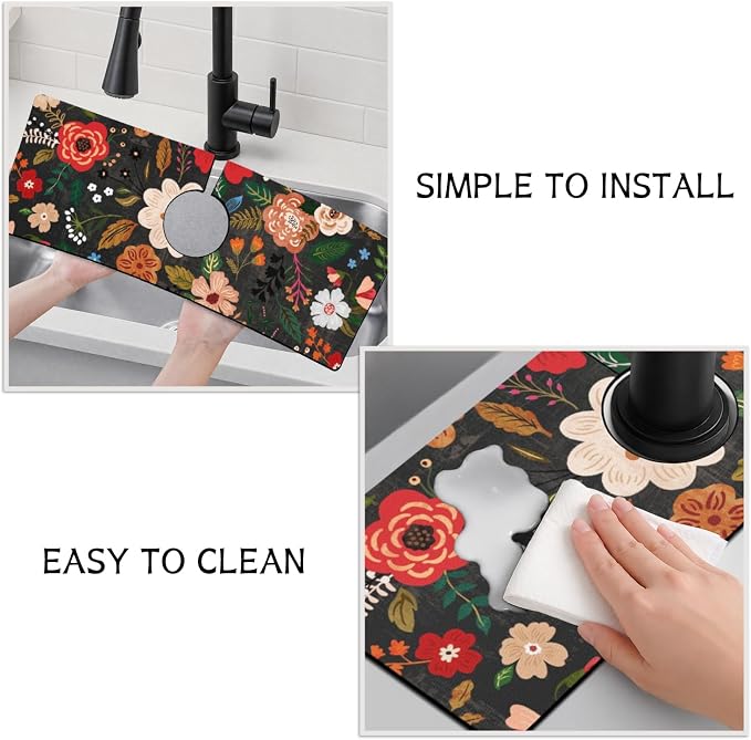 Boho Black Flowers Kitchen Sink Splash Guard Faucet Mat,Faucet Non-Slip Absorbent Mat,Farmhouse Sink Splash Guard Behind Faucet for Kitchen Bathroom, 15"x5.5" - Image 4