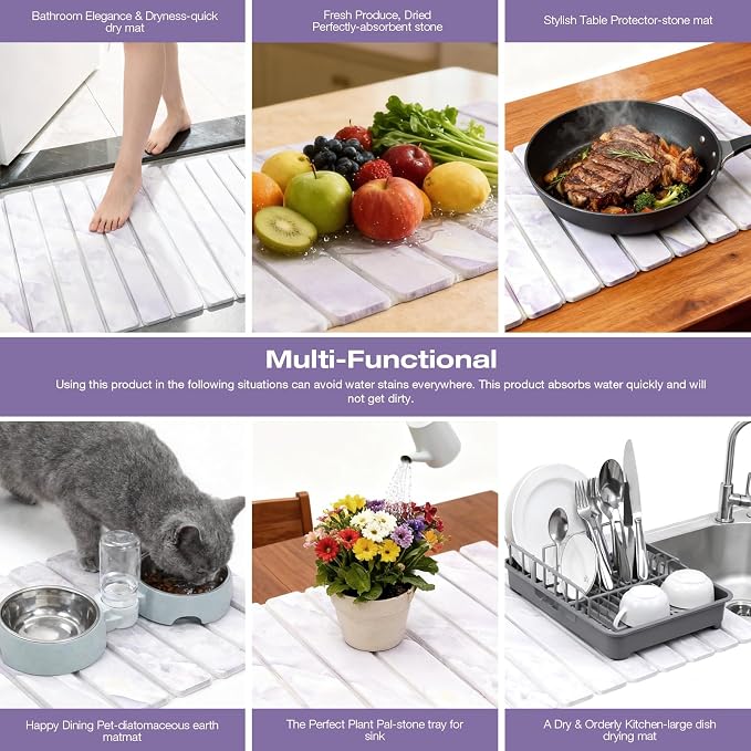 Elegant Grey Marble Drying Mat, Collapsible & Extra Large Absorbent Diatomite Stone Tray for Kitchen Counter, Quick Dry Dish Drying Pad for Dishes, Cups, Pots & Utensils 24”x16” - Image 6