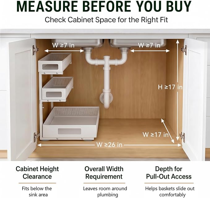 3 Tier Under Sink Organizer,1 Pack Pull Out Cabinet Shelves with Adjustable Height,Heavy Duty Carbon Steel L-Shaped Storage for Kitchen Bathroom Sink,Pantry & Laundry,White - Image 7