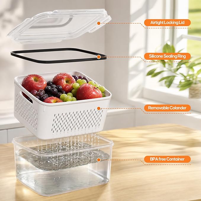 Fruit Storage Containers for Fridge, 3 Pack Plastic Food Storage Container | Produce Storage with Removable Colander, Refrigerator Organizers Keep Fruits Berry Veggie Salad Fresh Longer, Dishwasher Safe - Image 6