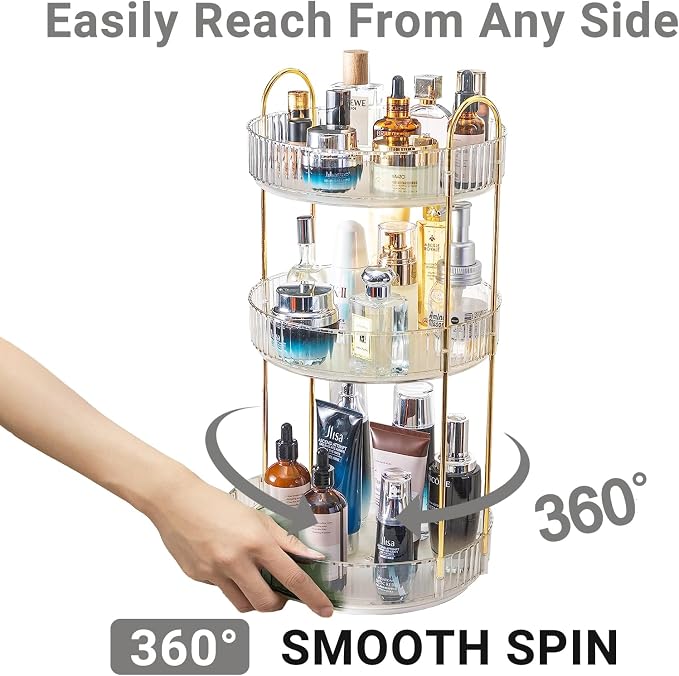 Asayuee 360 Rotating Makeup Organizer,3 Tier Large Capacity Make Up Organizers and Storage,Skincare Perfume Vanity Organizers,Bathroom Cosmetics Storage Organizer Countertop (Clear-3 Tier) - Image 3