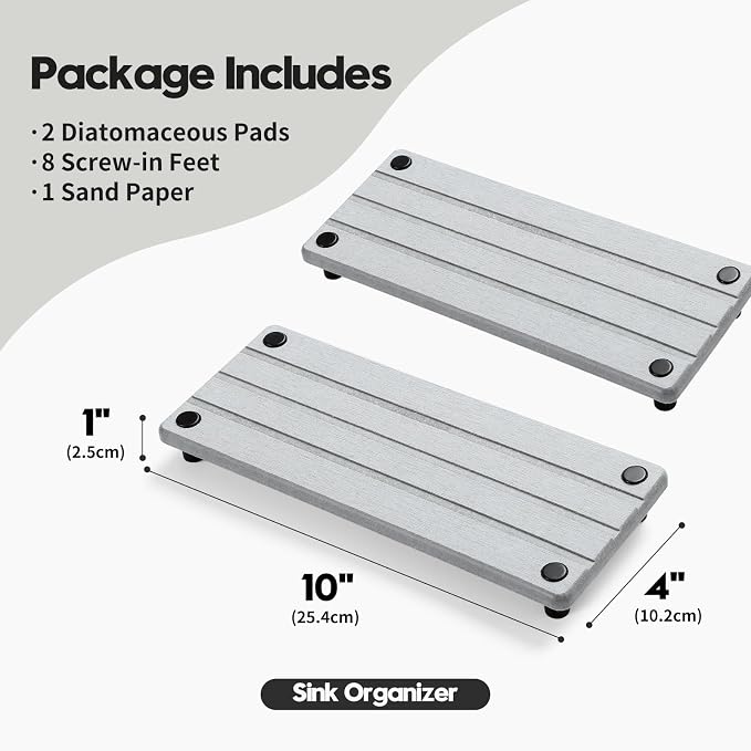 2 Pack Fast Drying Water Absorbing Diatomite Stone Mat Tray for Kitchen & Bathroom Counter - Instant Dry Sink Caddy Organizer - Vanity Holder for Soap, Sponge – Light Gray 10" x 4" - Image 2