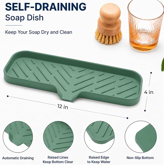 MicoYang Silicone Soap Dish with Drain Spout — Self-Draining Double Sink Organizer Tray for Kitchen & Bathroom, Dispensers, Sponges & Soap Holder, Non-Slip & Dishwasher Safe, Green (Large, 12"×4") - Image 2