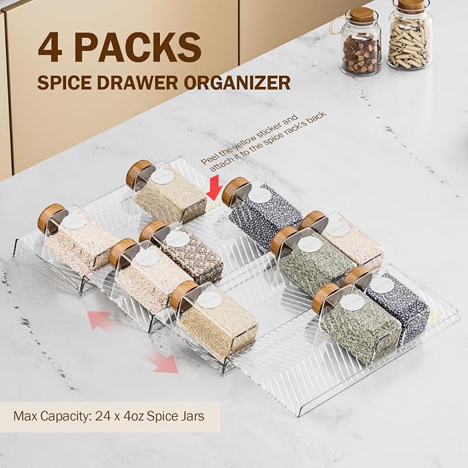 Spice Drawer Organizer, 4 Pack Clear Seasoning Organizer Rack | Expandable From 11" to 22" Wide, Kitchen Spice Rack Organizers for Drawer, Countertop, (Jars Not Included) - Image 2