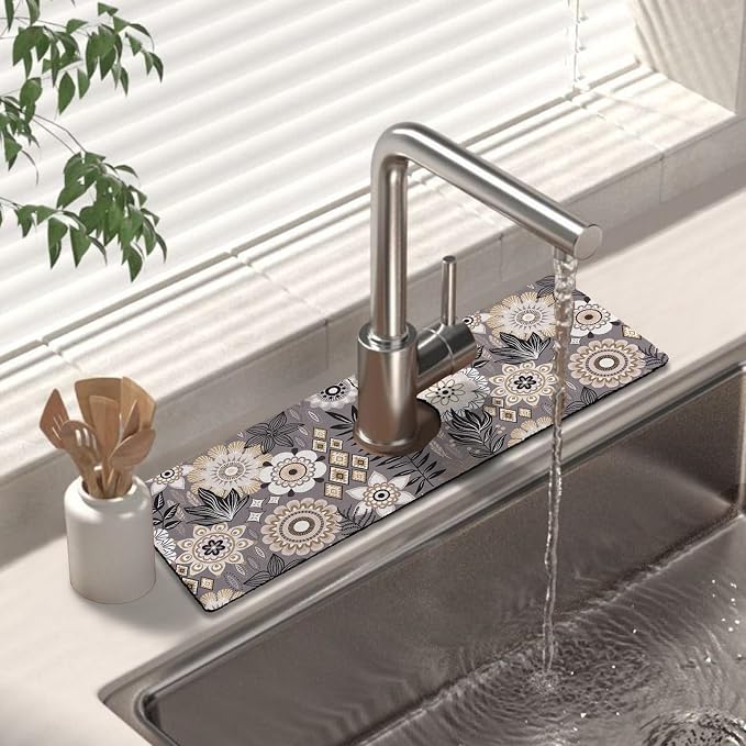 Kitchen Sink Splash Guard Faucet Mat 15" X 5.5" Boho Floral Absorbent Fast Drying Mat Faucet Draining Mat Sink Splash Guard Behind Faucet Drip Catcher for Kitchen Bathroom by Unknown
