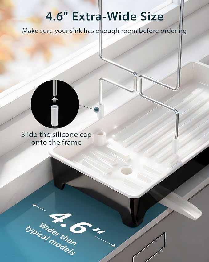 Minimalist Sink Caddy, Rustproof Sponge Holder for Kitchen Sink Black | Large Rustproof countertop organizer with 304 stainless steel brush holder, raised ridges and silicone drain tube - Image 4