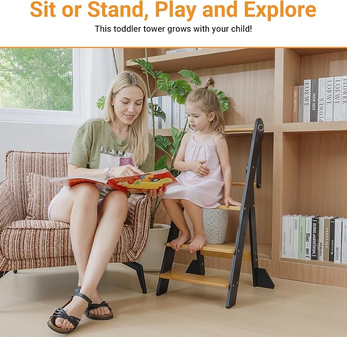 COSYLAND Foldable Toddler Kitchen Stool Helper - Height Adjustable Standing Tower for Bathroom Sink or Kitchen Counter - Step Stool for Toddlers Ages 18 Months to 6 Years White & Natural - Image 4