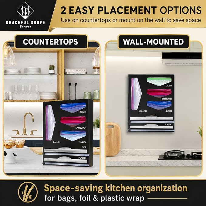 6-in-1 Bamboo Food Storage Bag Organizer for Drawer – Bag Organizer with Foil & Plastic Wrap Dispenser, Built-In Cutter, Holds Gallon Quart Sandwich Snack Bags, Black - Image 6