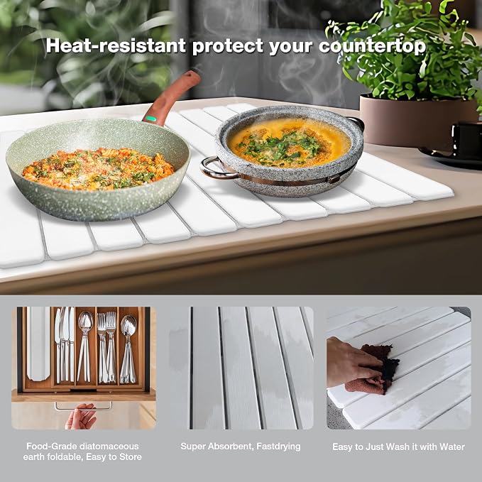 Diatomaceous Earth Stone Dish Drying Mat for Kitchen Counter – 24”x16”, Non-Slip Quick-Dry Surface, Sleek Foldable Design & Collapsible Storage, White - Image 4