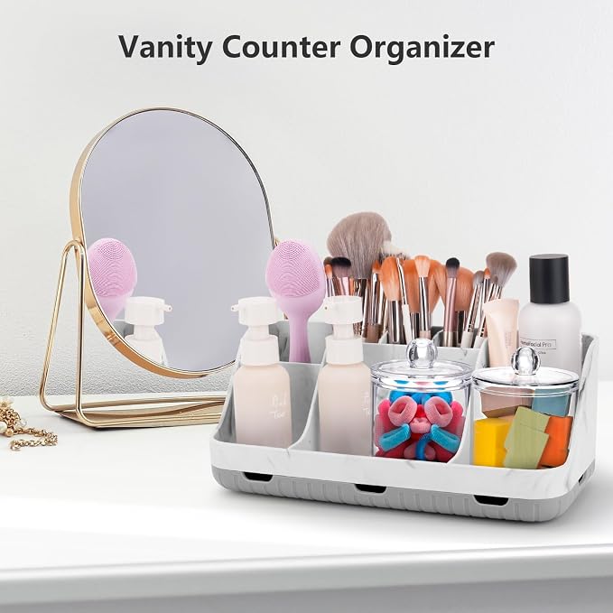 GFWARE Marble Bathroom Toothbrush Holder Set with 2 Qtip Holder Dispenser | Detachable 7 Slots Bathroom Accessory Set, Kids Bathroom Sink Counter Set, Bathroom Essentials Decor, Anti-Slip, Marble-Look - Image 5