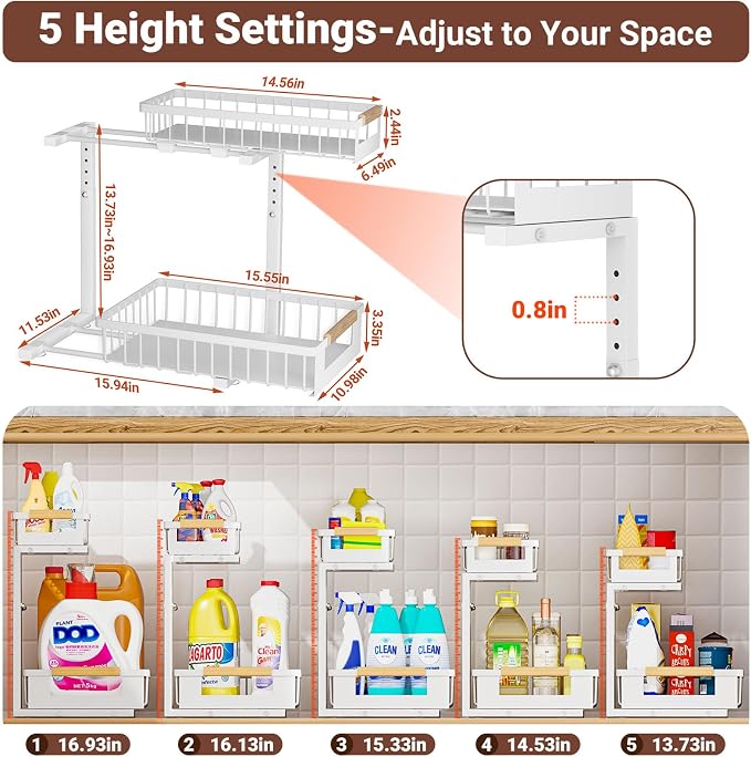 2 Pack Under Sink Organizer, 2 Tier Pull Out Cabinet Organizer with 5-Level Adjustable Height, Sliding Metal Storage Rack for Kitchen Bathroom Pantry, White - Image 2