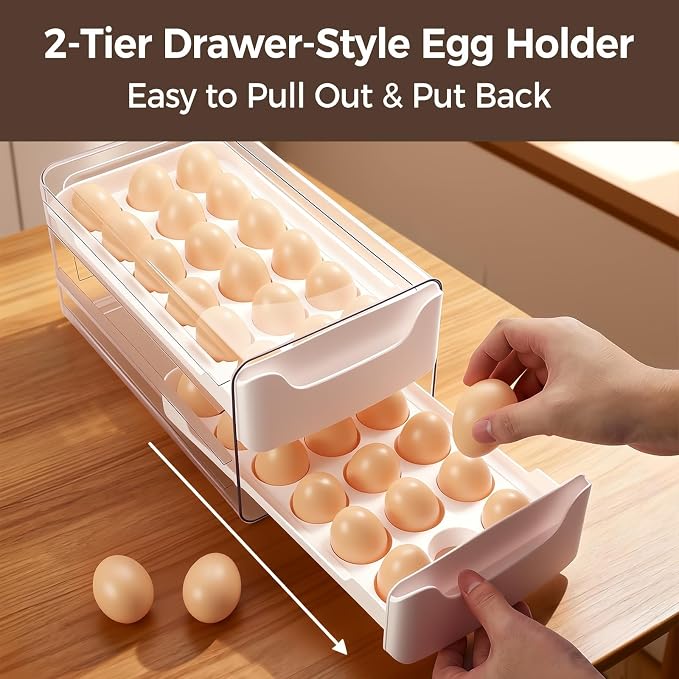 Egg-Holder for Fridge, Fits Small to Large Eggs, White | 36 Egg-Storage for Refrigerator Countertop, 2 Tier Dispenser with Drawer, Stackable Clear Egg Tray Container - Image 5