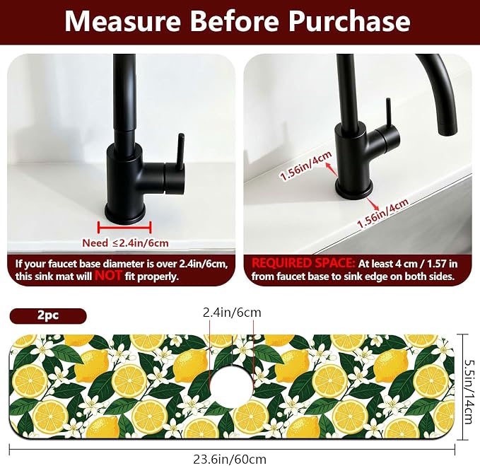 2 Pcs Kitchen Sink Splash Guard Faucet Mat Lemon Flowers and Leaves Pattern Faucet Mat for Sinks Flower Absorbing Drying Mats for Kitchen Bathroom - Image 2