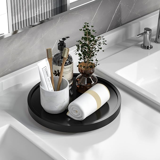 VeyFey Turntable Vanity Tray, 10 Inch Bamboo Countertop Organizer | Perfume Candle Tray for Kitchen Sink, Keep Glass Sponge and Soap, Bathroom Coffee Table Decorative Organizer, Black by VeyFey