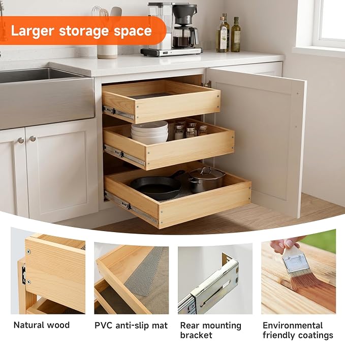 Pull Out Kitchen Drawer Cabinet organizer, 3 Tier 20"W*21"D*19"H,Soft Close Slide Out Wood Shelves Storage for Kitchen Heavy-Duty, Bottom Assembly (Cabniet Opening W>20.5'',D>21.5'',H>19.5'') - Image 3