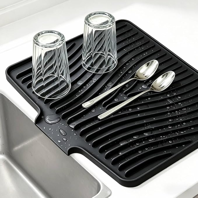 Silicone Dish Drying Mat,15.7"*13 "Dish Drying Pad,kitchen accessories,with Built-In and Non-Slip Drain,easy Clean, fit for kitchen, Bar, RV, Refrigerator and Drawer Liner, Black by EBIGIC