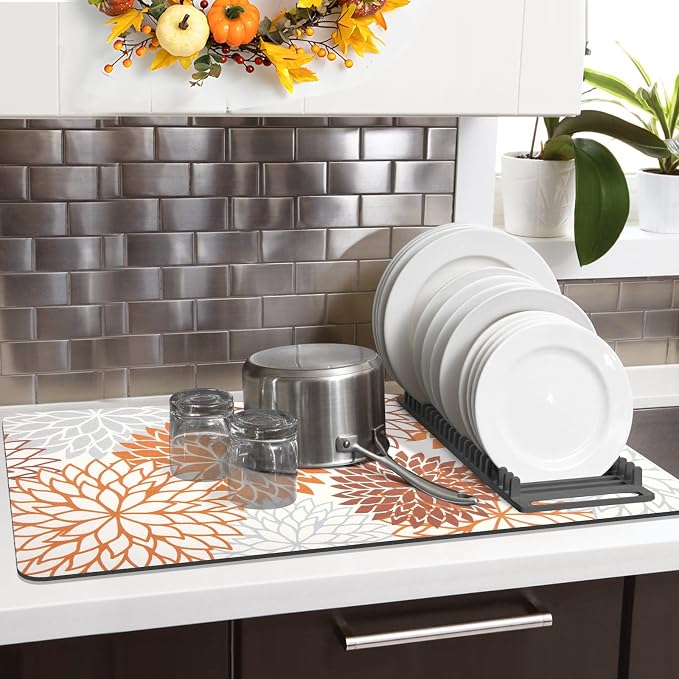 Findosom 2PCS 17" x 32" Fall Dish Drying Mat & 24" x 5.5" Sink Splash Guard, Super Absorbent & Cuttable Dish Mat Drying Kitchen Mat with Orange Floral, Hide Stain Drying Mat for Kitchen Counter - Image 7