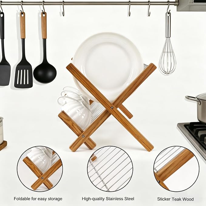HTB Dish Drying Rack 2 Tier,Stainless Steel & Teak Wood Dish Drying Rack | Foldable Dish Drainer for Plates, Cups, Bottles, Kitchen Counter, Apartment, Collapsible Kitchen Drying Rack, Space Saving - Image 5