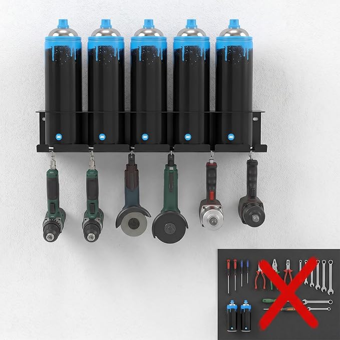 4 Pack Heavy-Duty Aerosol Spray Can Holder with Pneumatic Tool Holder – Wall-Mounted Garage Organizer, Holds 20 Cans & 24 Air Tools, Metal, Black - Image 7