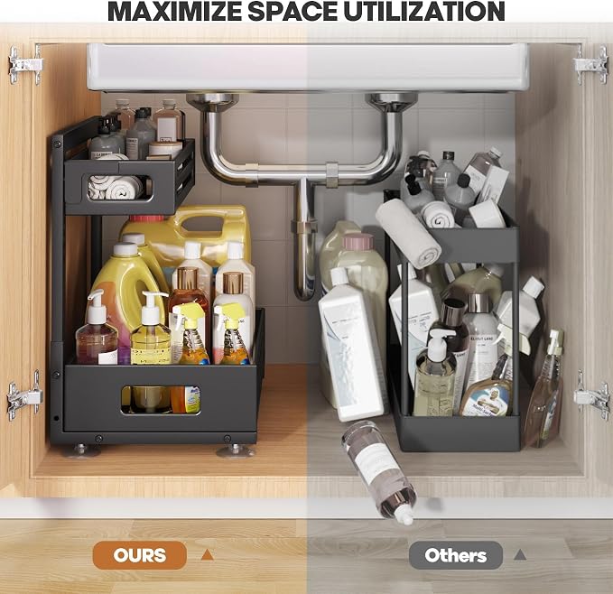 2 Pack Under Sink Organizer,Pull Out Cabinet Organizer with Smooth Cylindrical Rail,Metal Slide Out Drawer for Kitchen Bathroom Laundry Cabinet,8-Level Tool Free Height Adjustable-Black - Image 6