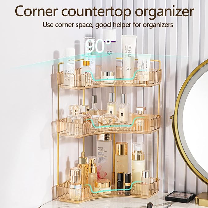 3-Tier Corner Bathroom Counter Organizer – Classic Storage Shelf for Makeup, Perfume & Toiletries, Space-Saving Countertop Tray Fits Bathroom, Dresser, Kitchen (Vintage Gold) - Image 4