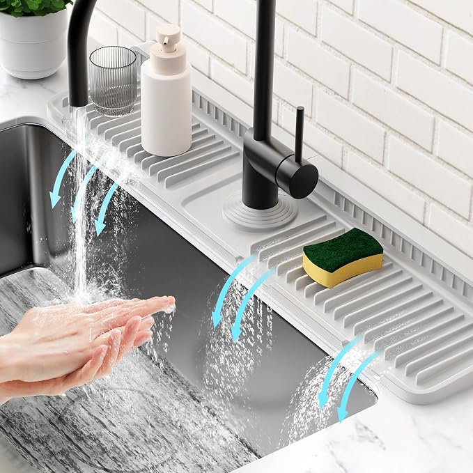 24'' Folding Faucet Mat for Kitchen Sink Splash Guard[7° Slope Fast Self-draining][Snap Lock Fit] Kitchen Sink Faucet Mat Splash Guard Kitchen Sink Area Water Splash Guard Behind Faucet Draining Mat by Snoquir