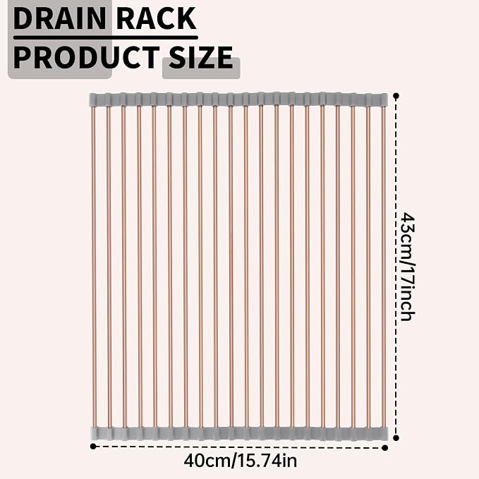 15.74" x 17"Large Roll Up Dish Drying Rack Over The Sink Dish Drying Rack,Stainless Steel Multipurpose Foldable Dish Drying Rack with Anti-Slip Silicone for Kitchen Counter Drainer,Rose Gold - Image 2
