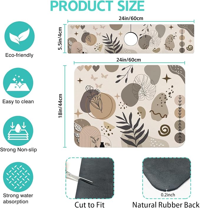 Dish Drying Mat for Kitchen Counter Matt, 2PCS 24"x18" Dish Drainer Mat & 24"x5.5" Sink Splash Guard, Super Absorbent Non-slip Rubber Backed - Image 2