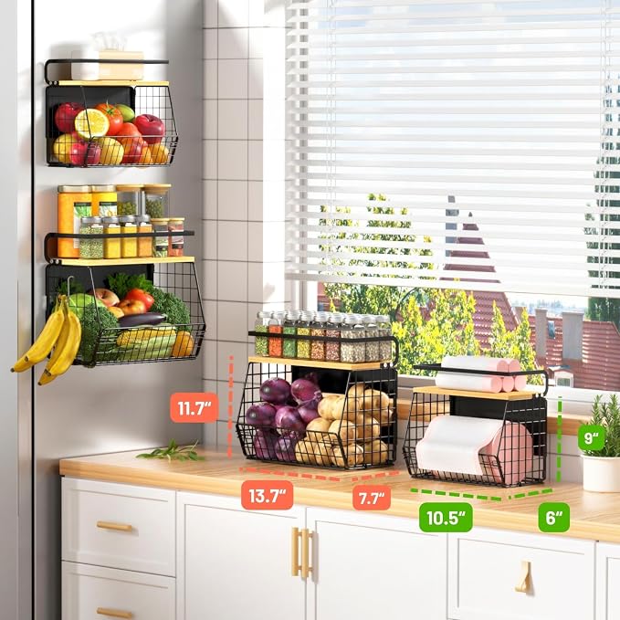 Magnetic Shelf for Fridge with Wood Lid, Fruit Potato and Onion Storage Bins, Pantry Organizers & Storage, Large Container Magnetic Spice Rack for Refrigerator, Kitchen Counter (Black, 1) - Image 7