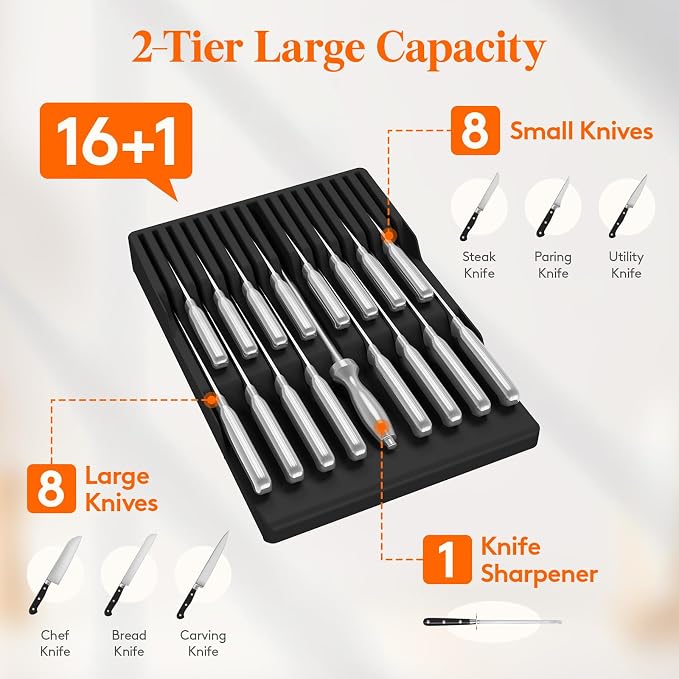 Lifewit Magnetic Drawer Knife Organizers Insert Pastic for 16 Knives, Black | Kitchen Plastic In Drawer Knife Block Slots, Steak Chefs Knives Holder Storage for 16 Knives and 1 Sharpening Steel 16.5" - Image 3