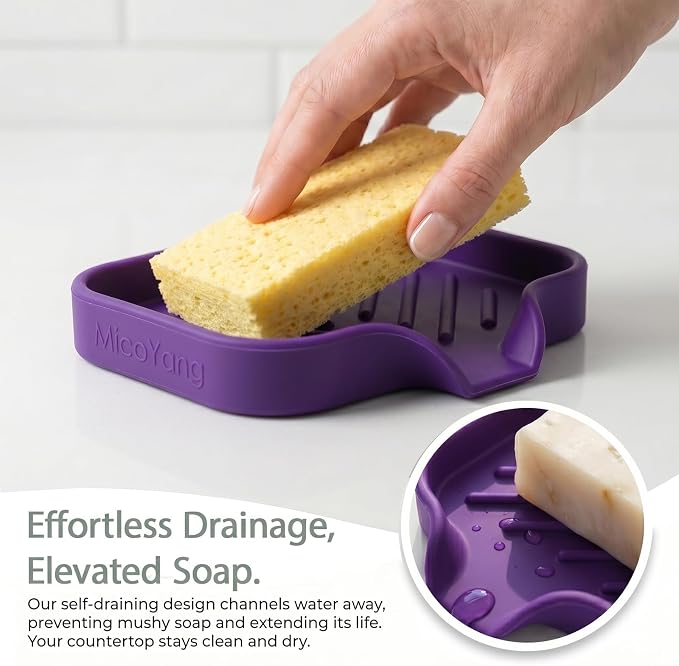 MicoYang Silicone Soap Dish with Drain Spout, Self-Draining Sink Organizer Tray for Bathroom and Kitchen, Sponges, Dispensers and Soap Holder, Non-Slip and Dishwasher Safe, Purple (Compact, 4.9"×3.2") - Image 7