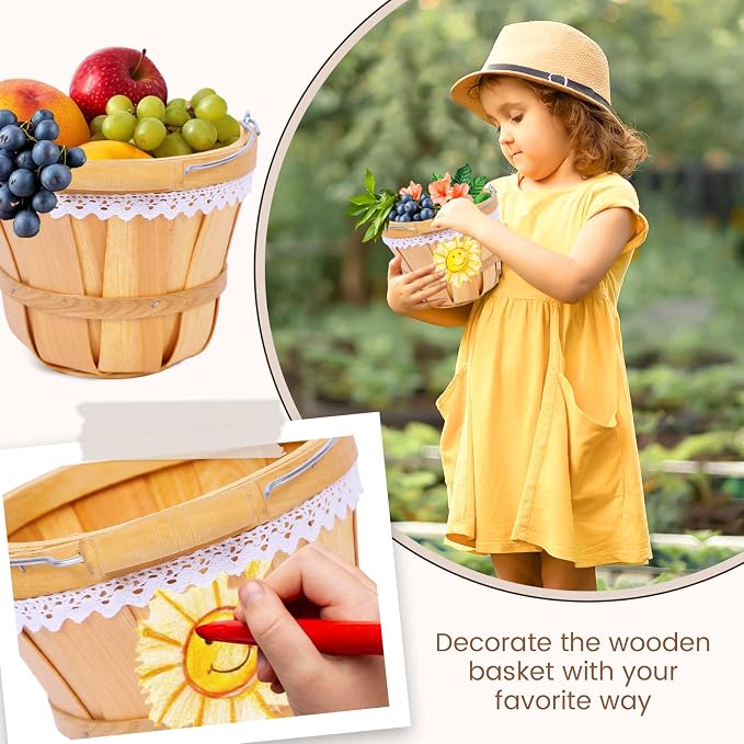 Wooden Baskets 7" x 6", 6 Pack Natural Apple Harvest Baskets | Round Handled Baskets Hold Produce, Flowers, Easter Eggs Or Favors for Farms, Markets, Weddings, Parties and Decor - Image 4