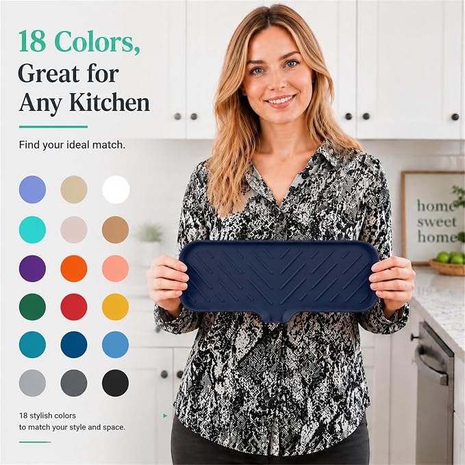 MicoYang Silicone Soap Dish with Drain Spout — Self-Draining Double Sink Organizer Tray for Kitchen & Bathroom, Dispensers, Sponges & Soap Holder, Non-Slip & Dishwasher Safe, Navy Blue (Large, 12"×4") - Image 9